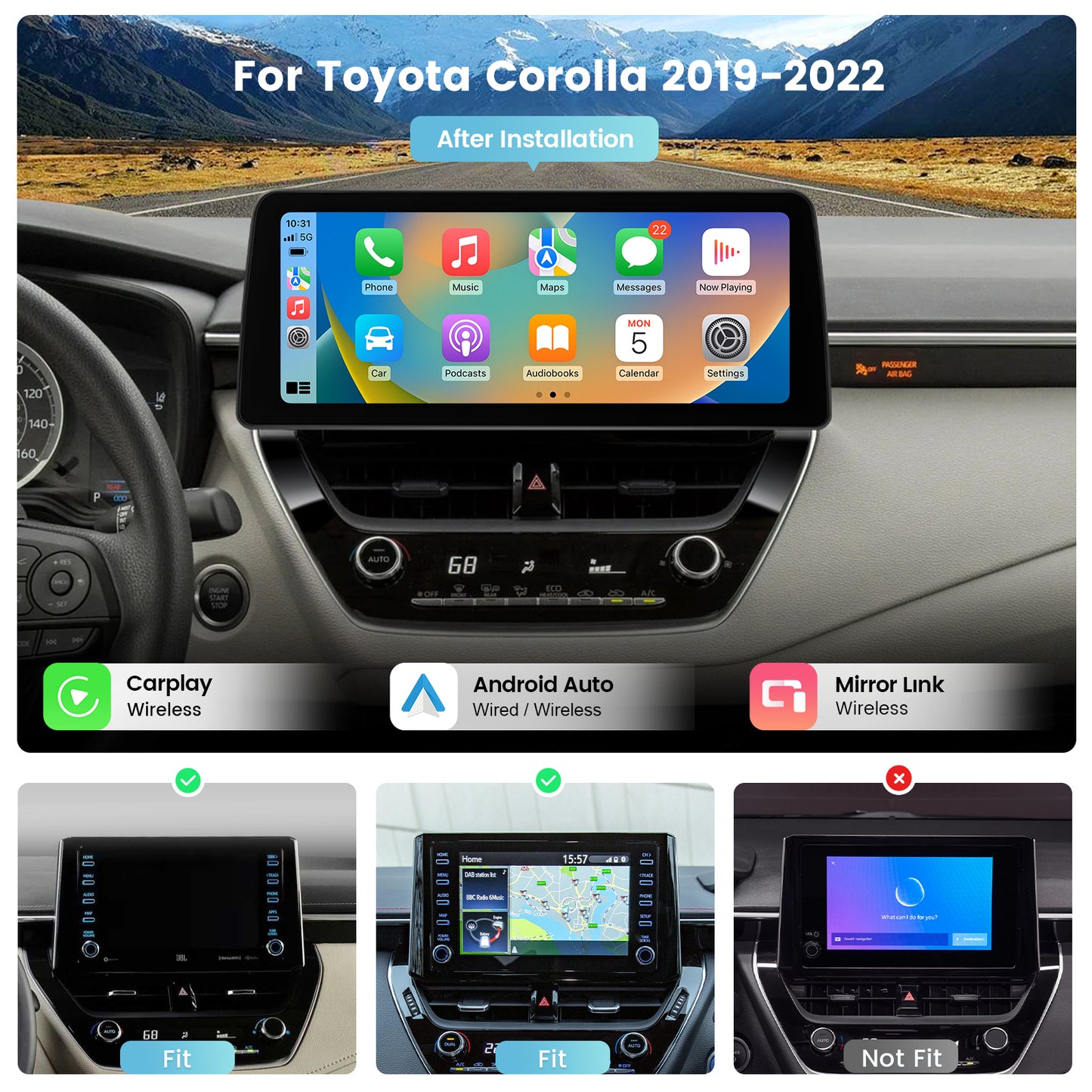 Roadanvi X12 12.3" Car Stereo for Toyota Corolla 2019-2021 Wireless Carplay Android Auto 4G LTE Head Unit 1920x720 QLED Car Radio Bluetooth Touch Screen WiFi 4GB+64GB GPS Navigation