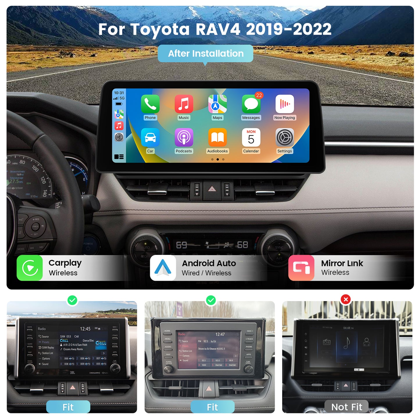 Roadanvi X12 12.3" Android Car Stereo for Toyota RAV4 2019 2020 2021 2022 Wireless Apple Carplay Andorid Auto Car Radio Bluetooth Head Unit QLED Touch Screen 1920x720 GPS Navigation