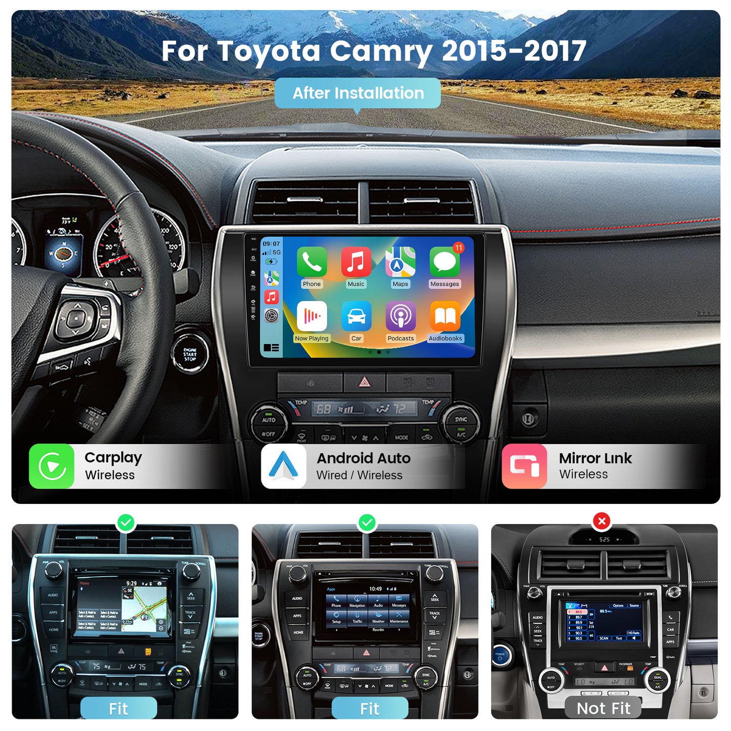 Roadanvi 4G+64G/8G+128G X12 Android Car Radio for Toyota Camry 2015 2016 2017 Wireless Carplay Android Auto Car Stereo GPS Navigation Bluetooth WiFi 4G LTE 1280x720 QLED Touch Screen Head Unit