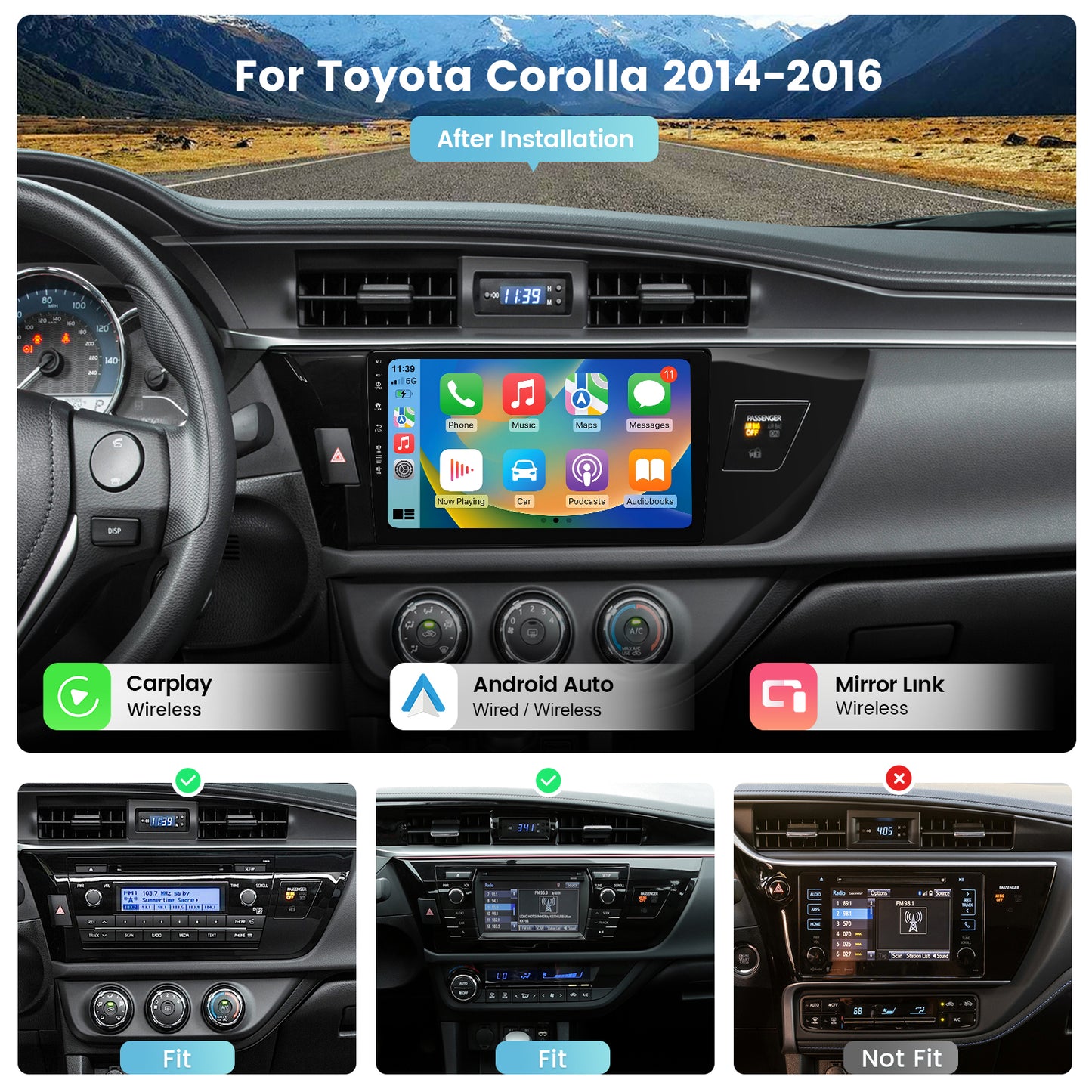 Roadanvi 10.2" Android 12 Car Stereo for Toyota Corolla 2014 2015 2016 Carplay Android Auto Car Radio WiFi+4G LTE 1280x720 QLED Touch Screen Head Unit Bluetooth 4GB+64GB GPS Navigation