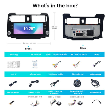 Roadanvi X12 10.25" 8G+128G Car Stereo for Toyota 4Runner 2010-2019 Wireless Carplay Android Auto 4G LTE Car Radio 2K 1920 * 720 QLED Touch Screen Head Unit DSP Android 12 GPS Navigation Black