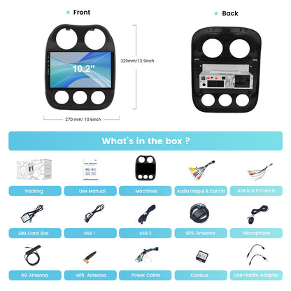 Roadanvi X12 Car Stereo for Jeep Compass 2006-2016 Car Radio Carplay Android Auto Bluetooth WiFi 4G LTE 10.2" QLED 1280x720 Touch Screen Android 12 Head Unit GPS Navigation 4G+64G