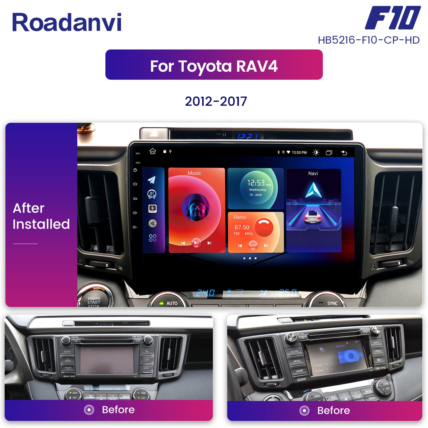 Roadanvi F10 For Toyota RAV4 2012 2013 2014 2015 2016 2017 Car Radio Apple Carplay GPS 64G ROM 10.2 Inch IPS Screen Audio
