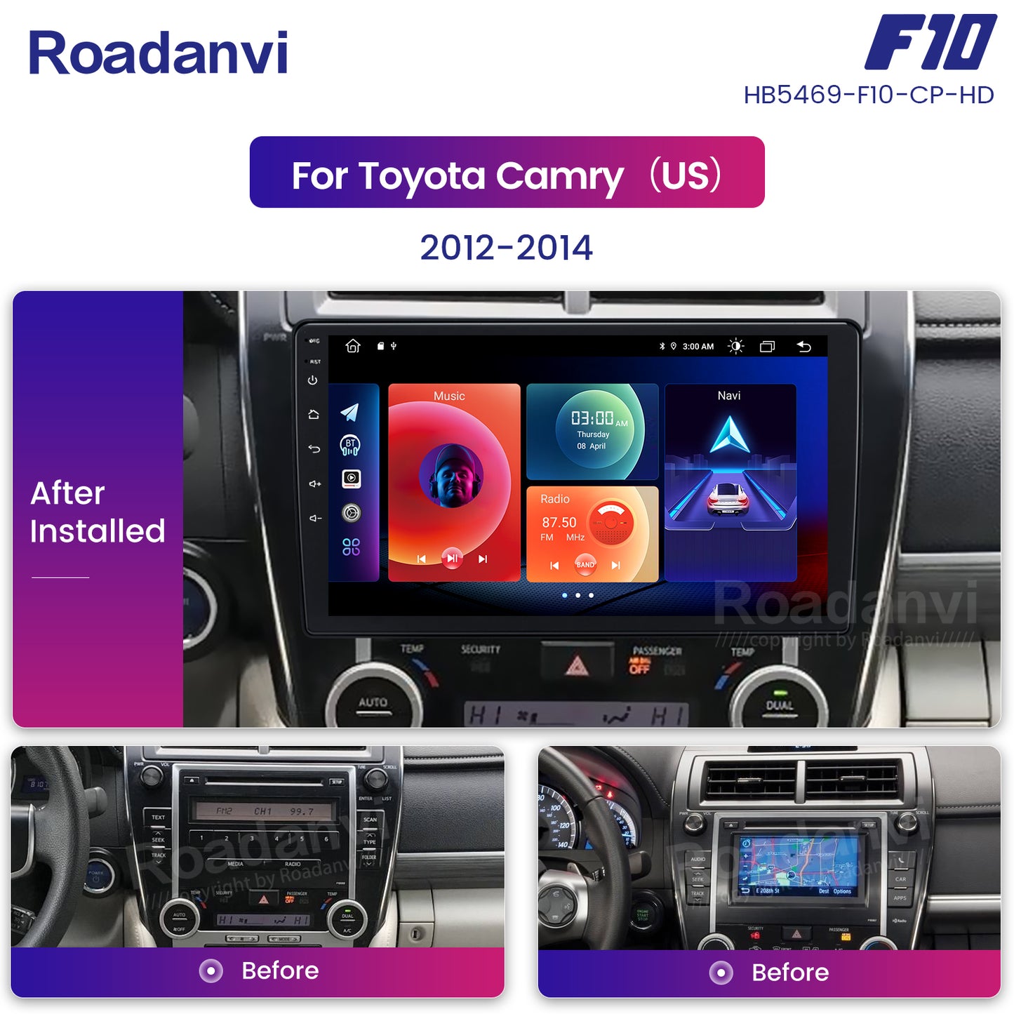 Roadanvi F10 For Toyota Camry 2012 2013 2014 Car Radio Apple Carplay IPS Screen 4*50W USB 4G RAM GPS Navigation